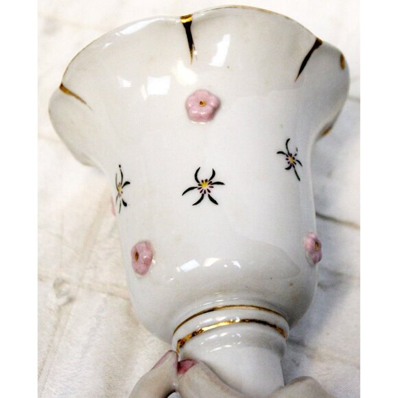 Vtg 50s Lefton China Bud Vase Womans Lady Hands Holding Cup Pink Rose 5" - Picture 7 of 11